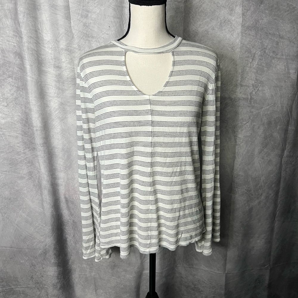 Apt. 9 Striped Long Bell Sleeve Gray and White Keyhole Neck Top - MED